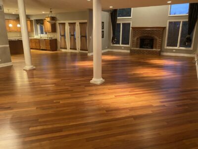 Open main level with columns and kitchen, Brazilian cherry floor, Wilmette, IL