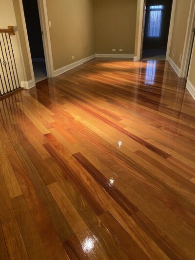 Glossy Brazilian cherry floor with sunlight, Wilmette, IL