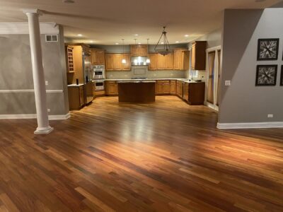 Open kitchen and great room with columns, Brazilian cherry floor, Wilmette, IL