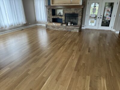 Natural white oak floor by the stone fireplace, Yorkville, IL