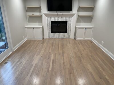 Silvered gray floor by the fireplace and built-ins, Yorkville, IL