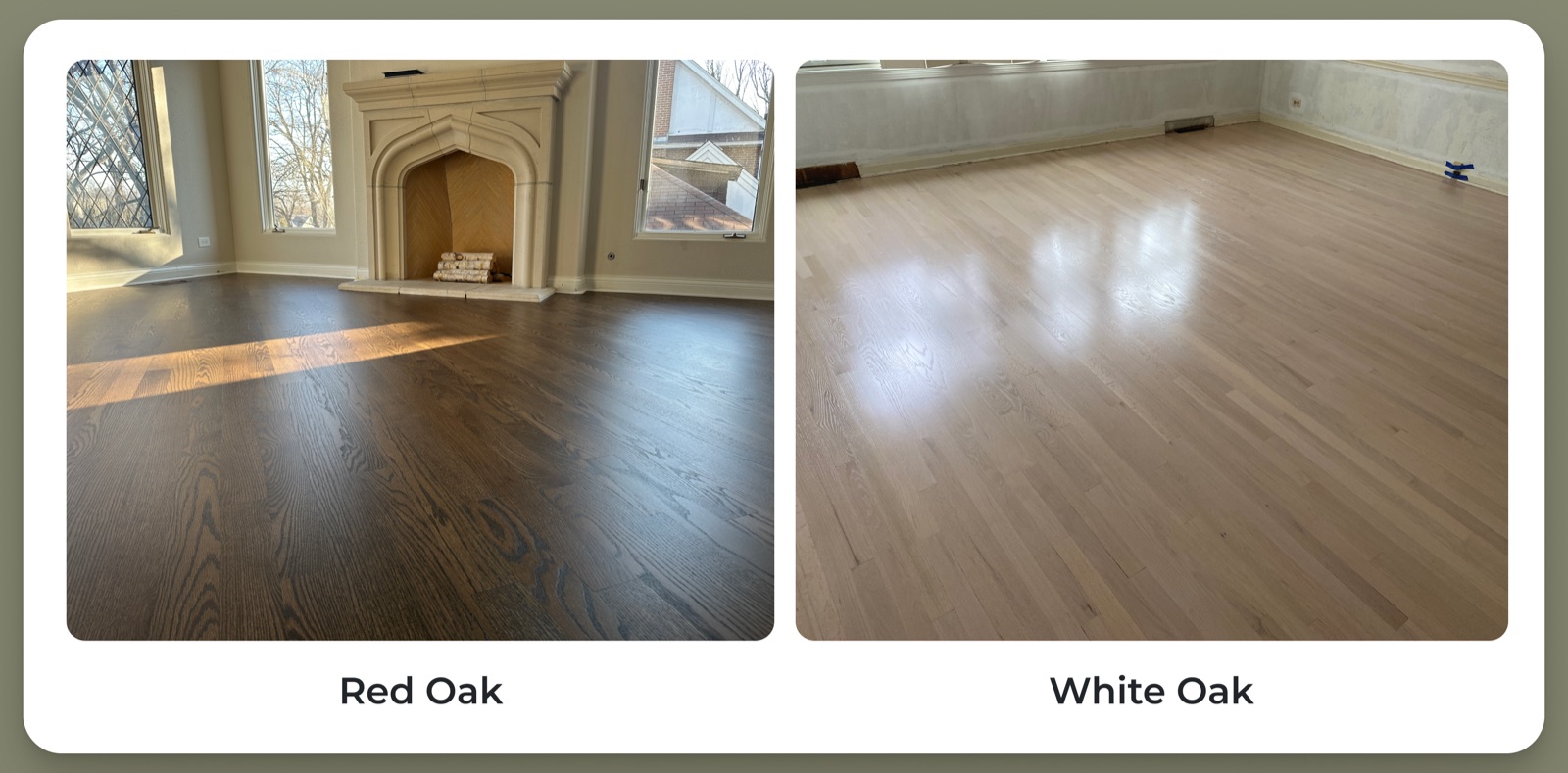 Side-by-side comparison of real red oak and white oak floors showing differences in natural color and grain pattern.