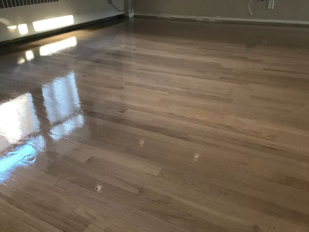 A newly refinished hardwood floor with a shiny protective finish.