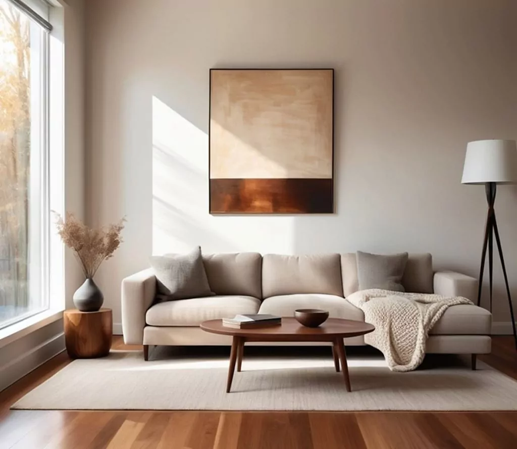 Cozy room in light colors with hardwood floors