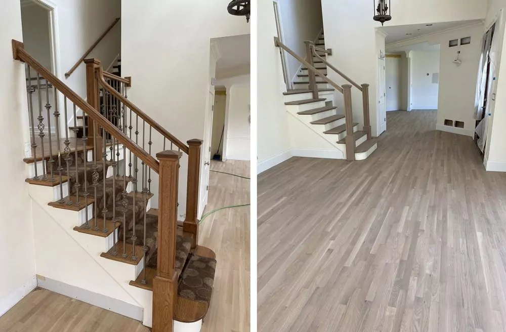 Sanding and refinishing done by Big Bro Hardwood: silvered grey stain and finish.