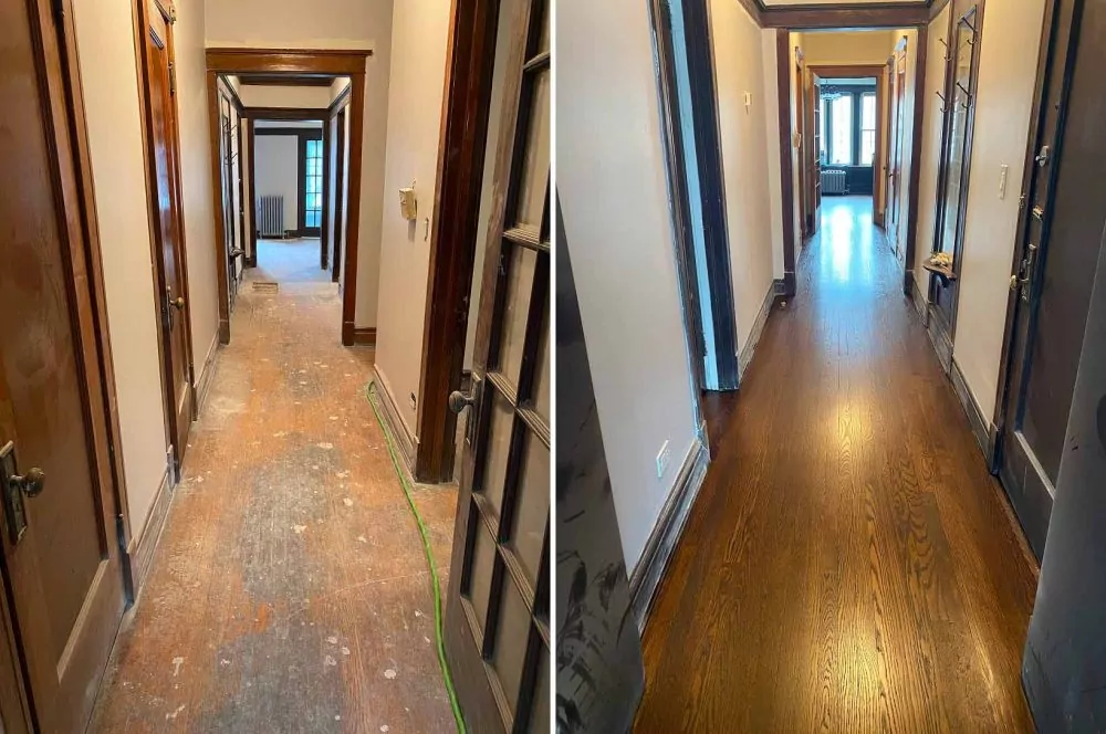 Before and after refinishing engineered hardwood floors. Project by Big Bro Hardwood.