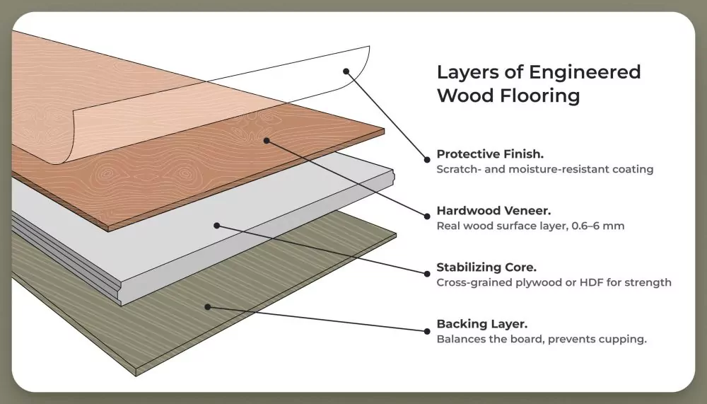 Layers of engineered hardwood flooring