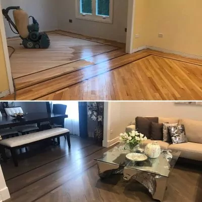 Refinishing engineered wood floors: before and after. Project by Big Bro Hardwood.