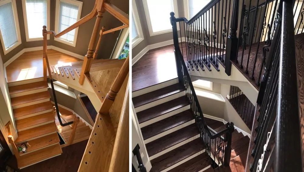 A staircase: refinishing and staining engineered wood project by Big Bro Hardwood.