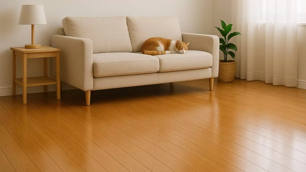Cat sleeping on a sofa in a room with clean hardwood floors