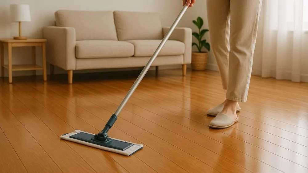 Lady cleaning hardwood floors