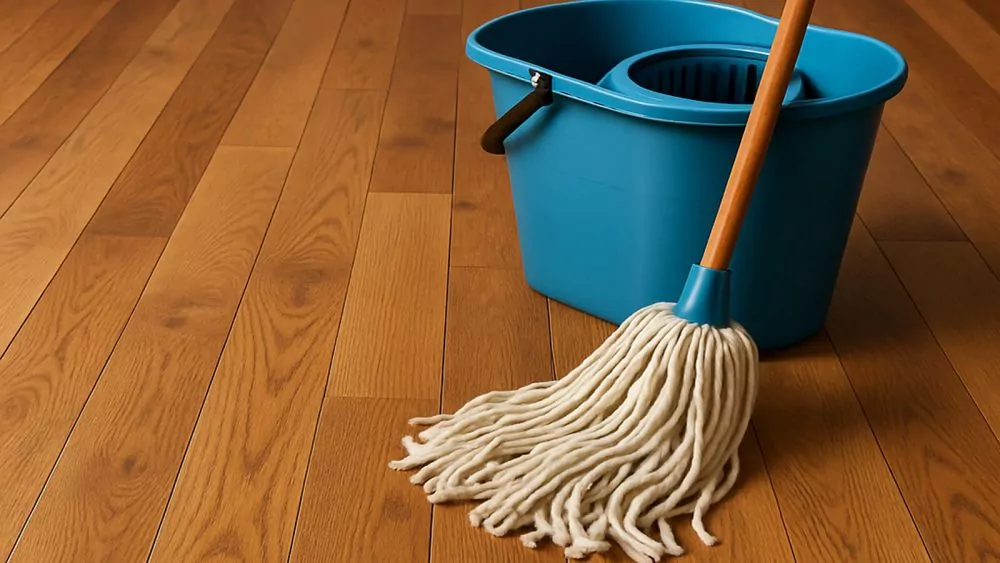 Mop and a bucket on hardwood floors