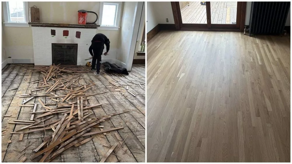 Refinished oak floors before and after showcase