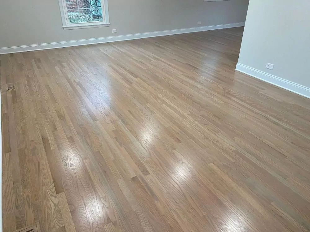 Pale natural finished hardwood flooring with subtle grain, low sheen.