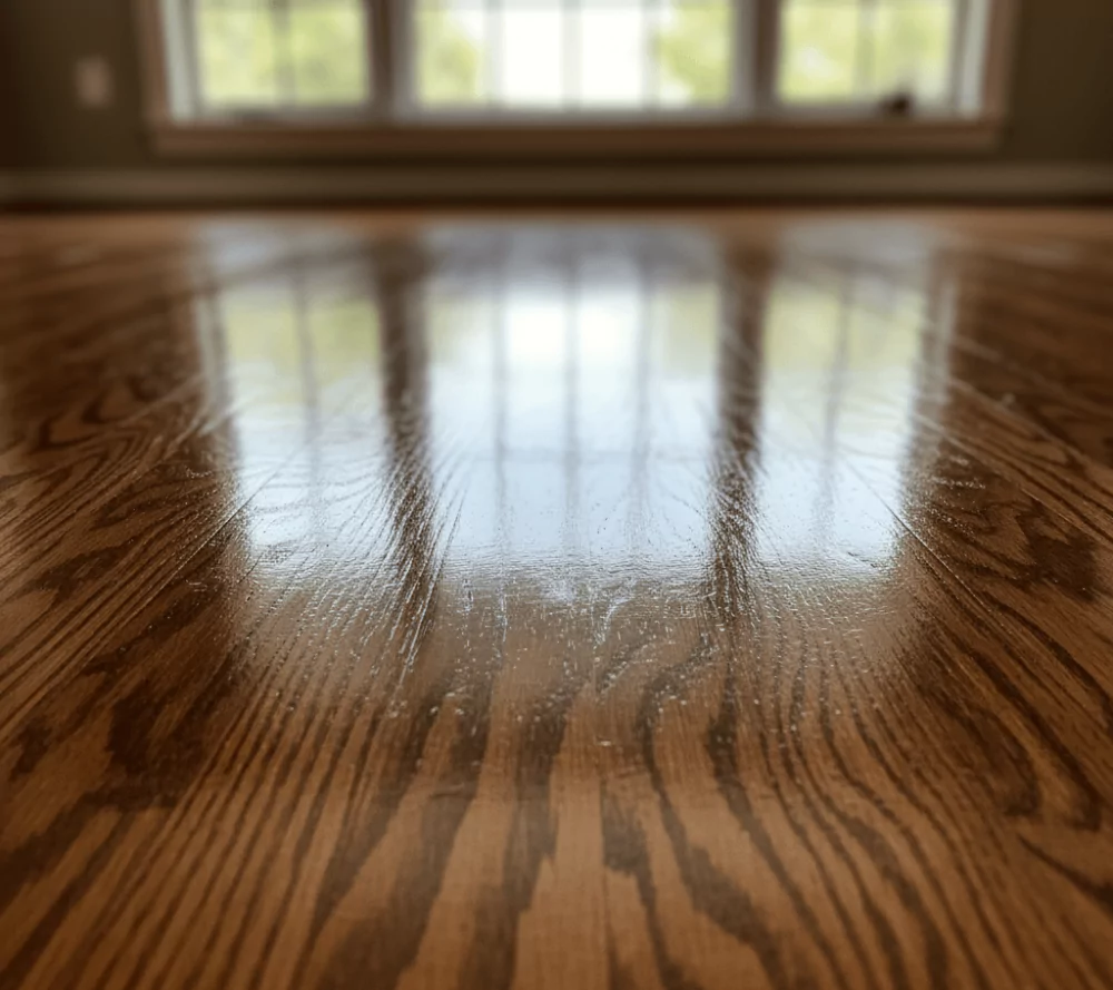 Glossy oil-based polyurethane hardwood floor finish with a warm amber tone.