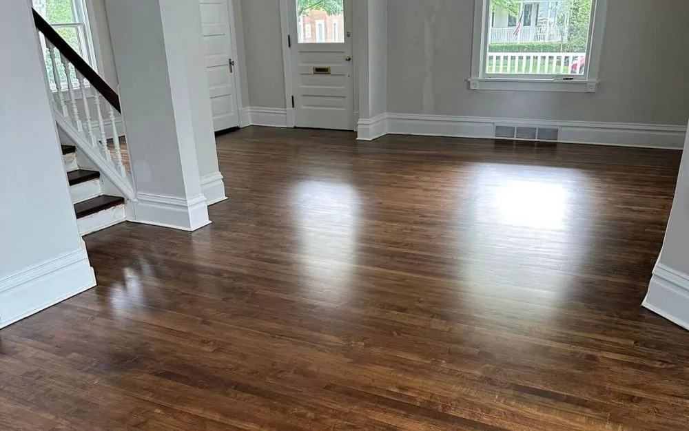 Medium-brown maple hardwood floor in an open living room, where the softer grain and more even texture create a cleaner, quieter look than oak