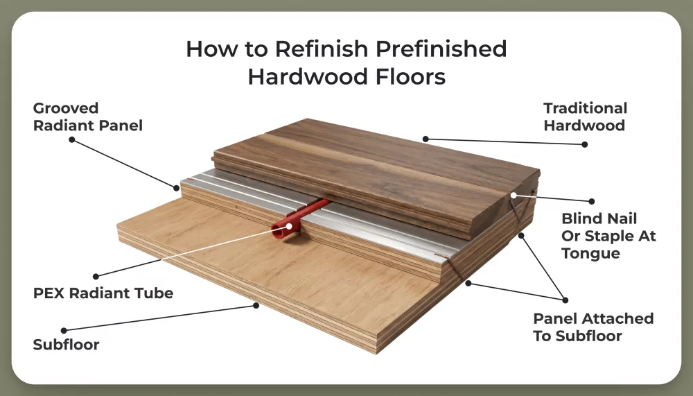 Diagram of traditional hardwood flooring installed over a grooved radiant panel with PEX radiant tube and subfloor