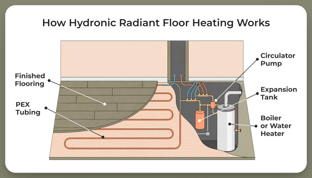 Floor assembly diagram showing radiant heat under hardwood with hardwood flooring, grooved radiant panel, PEX tubing, and subfloor